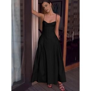 Commense Black Maxi Dress Spaghetti Strap Sleeveless A Line Cocktail Size L‎